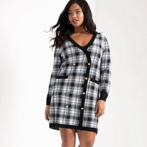 Eloquii Dresses & Skirts - Eloquii Black & White Checked Long Sleeve Sweater Dress with Buttons Size 18/20